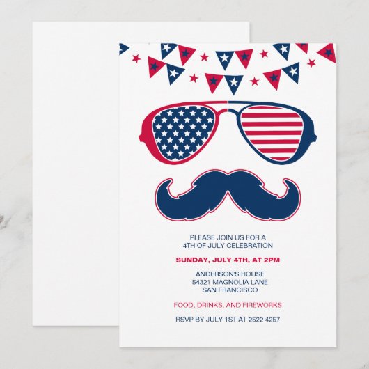 Brillen en snor 4 juli Uitnodigingen (Voorkant / Achterkant)