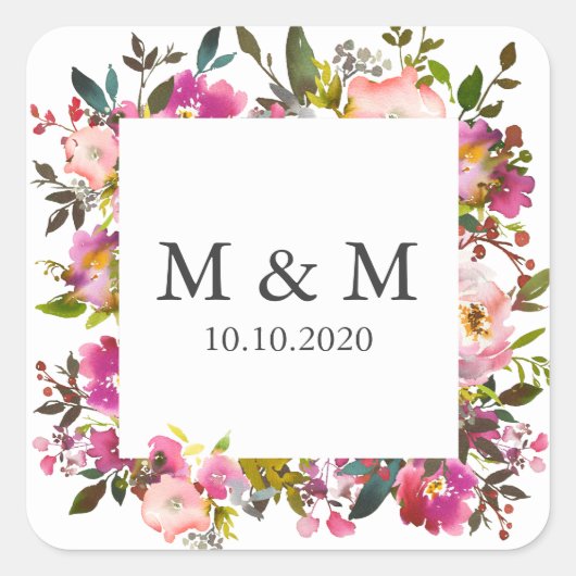 Brilliant Bloom Lijst Bloemen Bruiloft Monogram Vierkante Sticker (Voorkant)