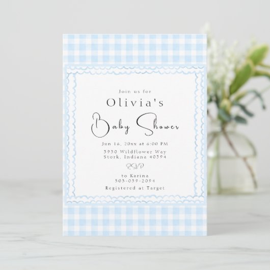 Brilliant Blue Gingham Baby shower Kaart (Staand voorkant)