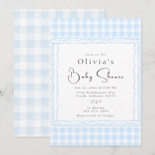 Brilliant Blue Gingham Baby shower Kaart (Voorkant / Achterkant)