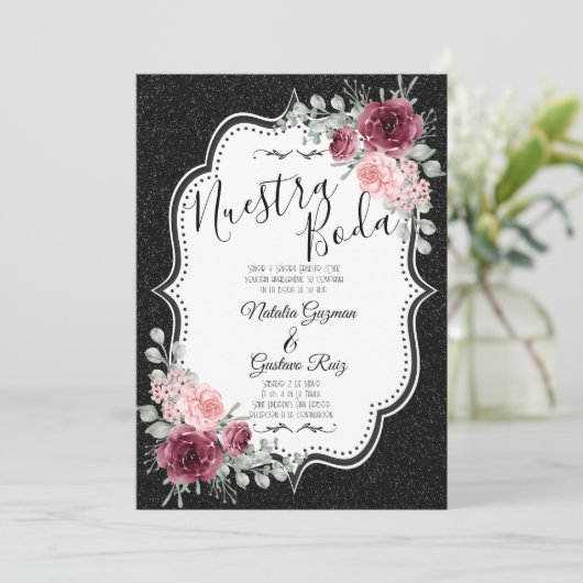 Brilliantina Negro y Rojas Uitnodiging (Staand voorkant)