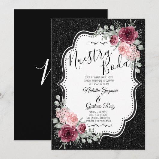 Brilliantina Negro y Rojas Uitnodiging (Voorkant / Achterkant)