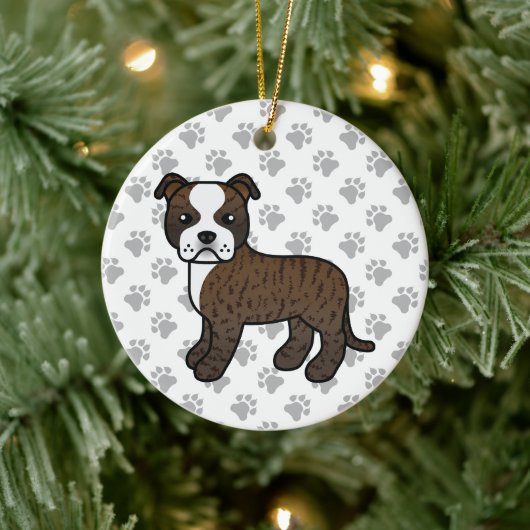 Brindle and White Staffordshire Bull Terrier Dog Keramisch Ornament (Boom)