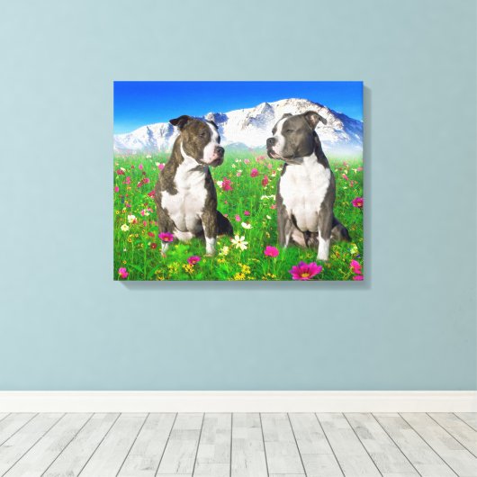 Brindle & Blue Staffordshire & Pit Bull Dogs Canvas Afdruk (Insitu (Houten vloer))