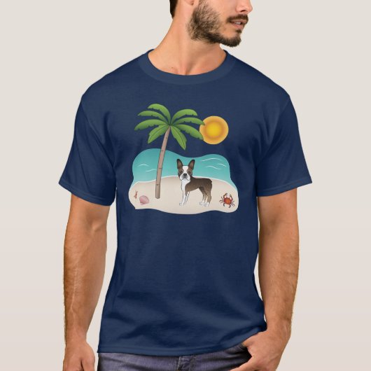 Brindle Boston Terrier bij een tropische zomervaka T-shirt (Voorkant)