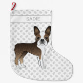 Brindle Boston Terrier Cartoon Dog & Custom Name Grote Kerstsok (Voorkant)