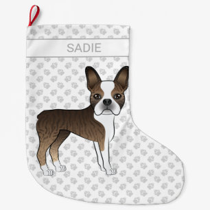 Brindle Boston Terrier Cartoon Dog & Custom Name Grote Kerstsok
