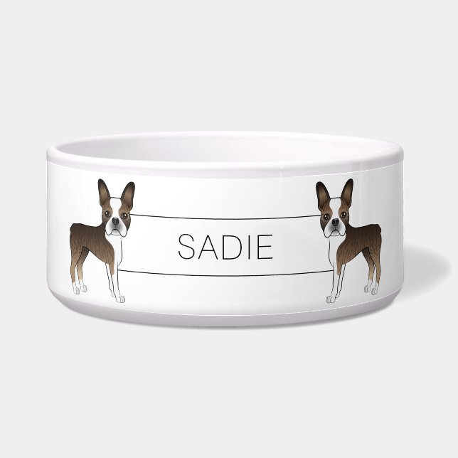 Brindle Boston Terrier Cartoon Dog & Custom Text Voerbakje (Voorkant)