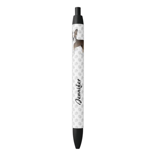 Brindle Boston Terrier Cartoon Dog & Custom Text Zwarte Inkt Pen (Voorkant Verticaal)