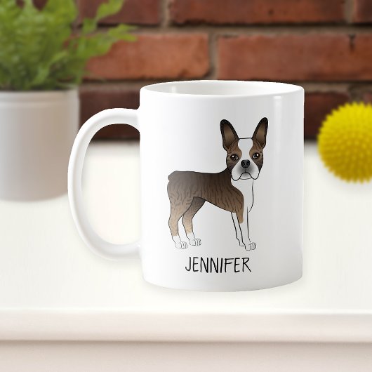Brindle Boston Terrier Cute Cartoon Dog & Name Koffiemok