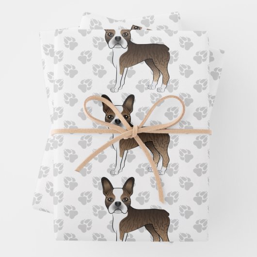 Brindle Boston Terrier Cute Cartoon Dog Pattern Inpakpapier Vel (In situ)