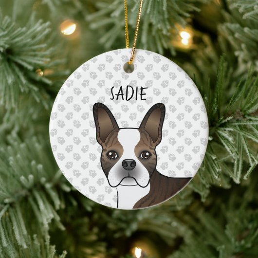 Brindle Boston Terrier Dog Head & Custom Name Keramisch Ornament (Boom)