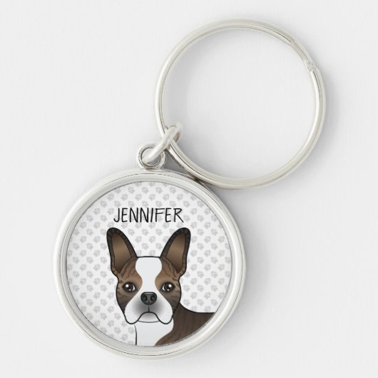 Brindle Boston Terrier Dog Head & Custom Name Sleutelhanger (Voorkant)