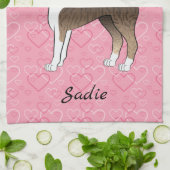 Brindle Boston Terrier Dog op roze harten en naam Theedoek (Gevouwen)