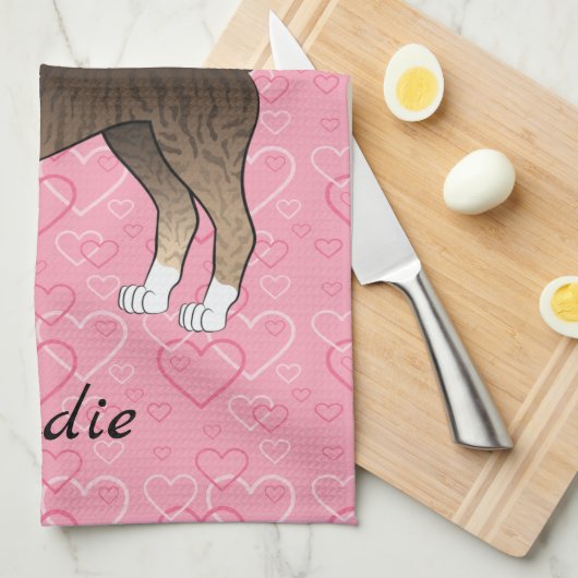 Brindle Boston Terrier Dog op roze harten en naam Theedoek (Quarter Fold)