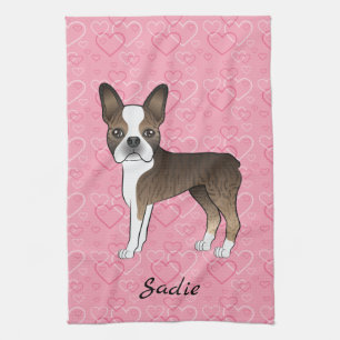Brindle Boston Terrier Dog op roze harten en naam Theedoek