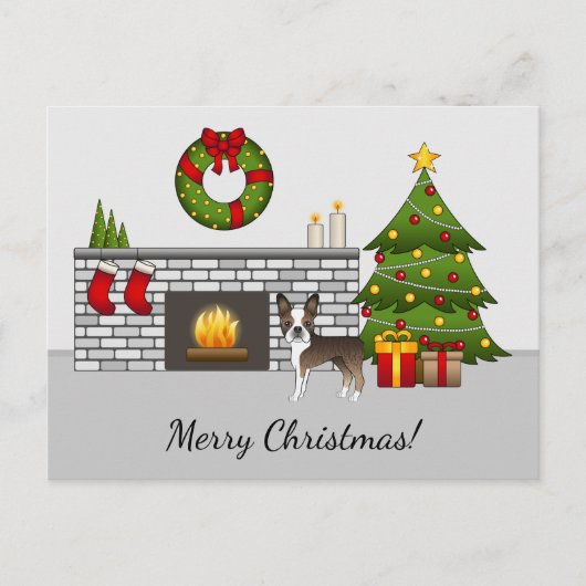 Brindle Boston Terrier in een feestelijke kerstzaa Briefkaart (Voorkant)