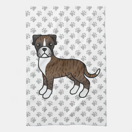 Brindle Boxer Cute Cartoon Dog & Paws Theedoek (Verticaal)