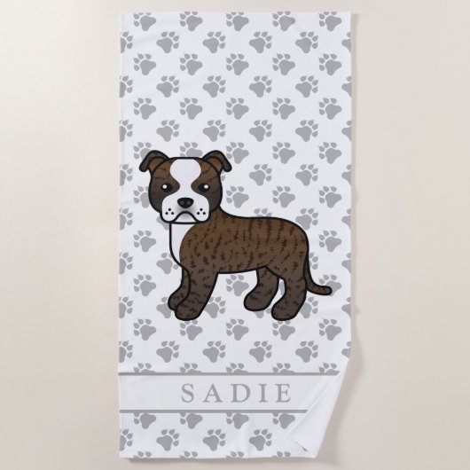 Brindle en White Staffie Cute Cartoon Dog & Name Strandlaken (Voorkant)