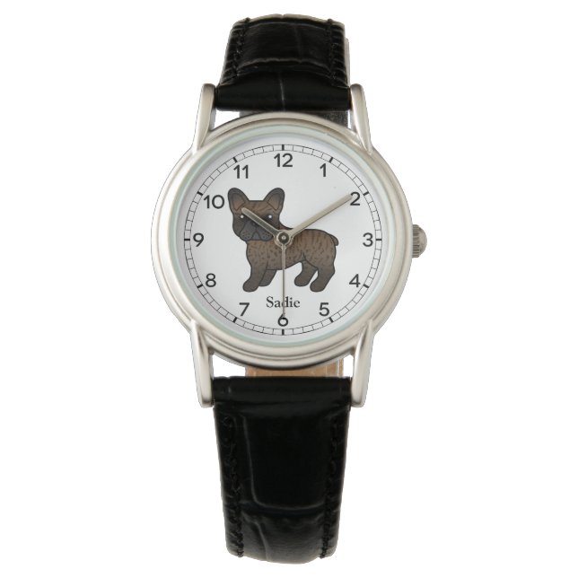 Brindle French Bulldog Cute Cartoon Dog & Name Horloge (Voorkant)