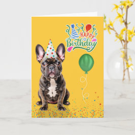 Brindle French Bulldog Party Hat Yellow Birthday Kaart