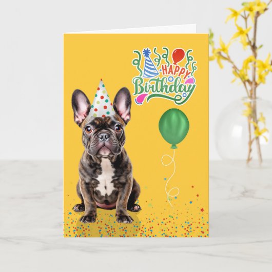 Brindle French Bulldog Party Hat Yellow Birthday Kaart (Gele Bloem)