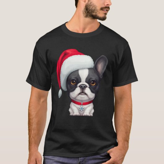 Brindle Pied French Bulldog in Santa Hat Christmas T-shirt (Voorkant)