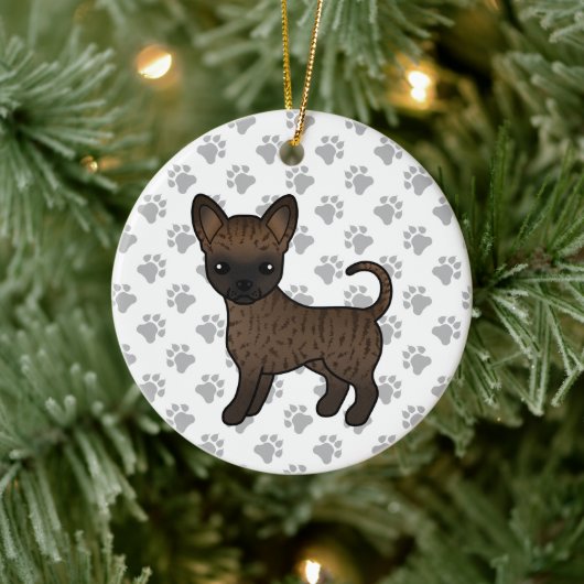 Brindle Smooth Coat Chihuahua Cartoon Dog & Paws Keramisch Ornament (Boom)