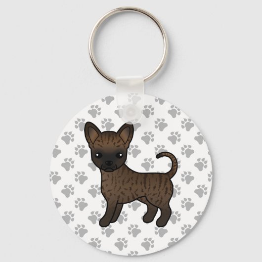 Brindle Smooth Coat Chihuahua Cartoon Dog & Paws Sleutelhanger (Voorkant)