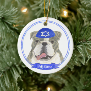 Brindle & Wit Engels Bulldog Chanoeka Keramisch Ornament