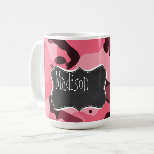 Brink Roze Camo; Camouflage; Retro Chalkboard Koffiemok (Voorkant links)