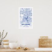 Brisbane City Map Blue Tint Poster (Keuken)