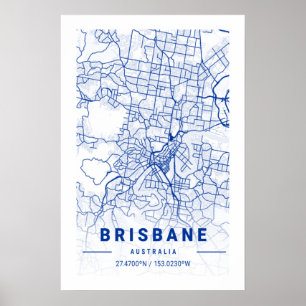 Brisbane City Map Blue Tint Poster