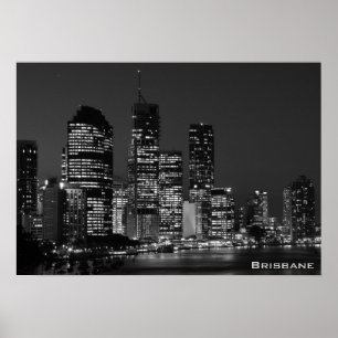 Brisbane City, Nacht - Zwart en wit Poster