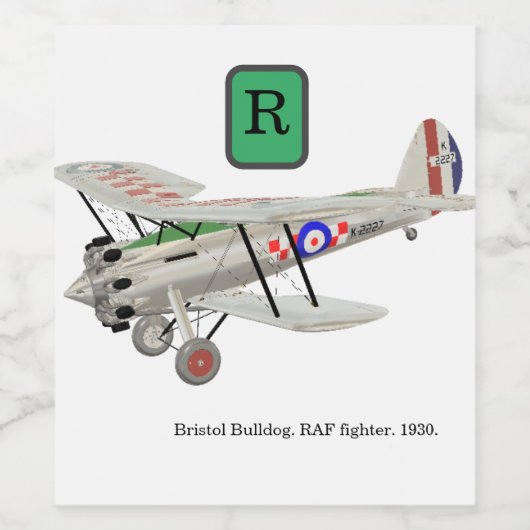 Bristol Bulldog,  biplane, met monogram Wijn Etiket (Enkel label)