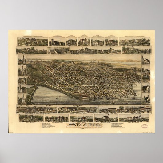Bristol Rhode Island 1891 Antiek Panorama Poster (Voorkant)