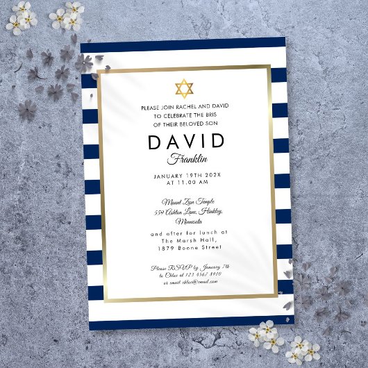 Brit Milah Navy Blauwe Streep Goud Kaart