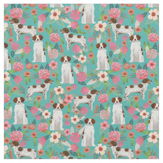 britans spaniel dog florals turquoise stof (Close Up)