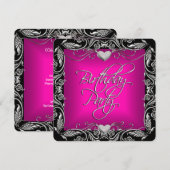 Brithday - feest in zwart, roze zilver kaart (Voorkant / Achterkant)