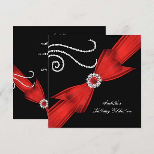 Brithday Glitter Red Diamond Bow Black 3 Kaart (Voorkant / Achterkant)