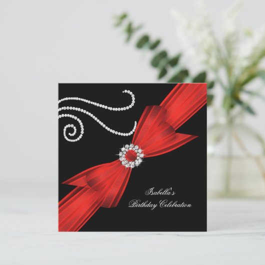 Brithday Glitter Red Diamond Bow Black 3 Kaart (Staand voorkant)