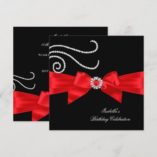 Brithday Glitter Red Diamond Bow Black 4 Kaart (Voorkant / Achterkant)
