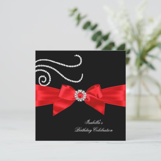Brithday Glitter Red Diamond Bow Black 4 Kaart (Staand voorkant)