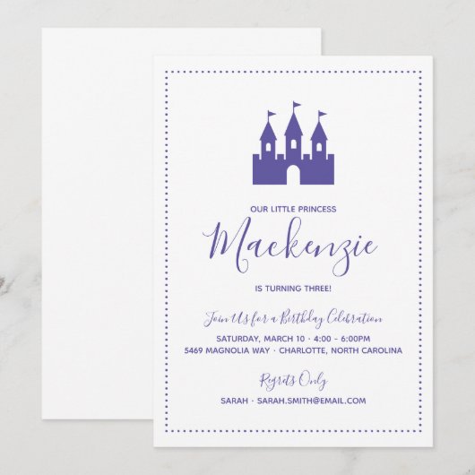 Brithday Partij van de Paarse prinses Castle Kaart (Voorkant / Achterkant)