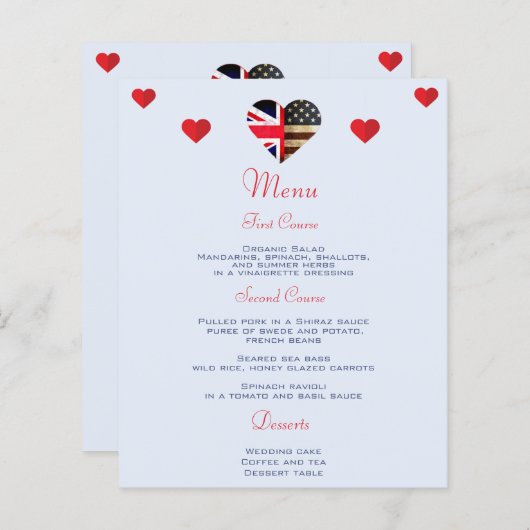 British American Flag Hearts Romantic Wedding Menu (Voorkant / Achterkant)