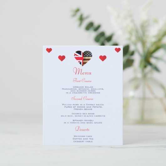 British American Flag Hearts Romantic Wedding Menu (Staand voorkant)
