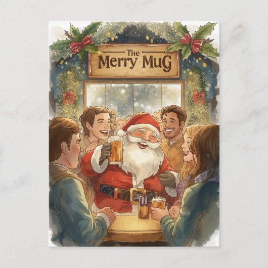 British Christmas Card with Santa Claus at Pub Feestdagenkaart (Voorkant)