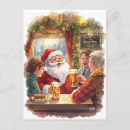 British Christmas Card with Santa Claus at Pub Feestdagenkaart