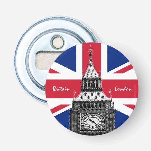British Flag & Big Ben - Londen, VK/sportfans Button Flesopener (Voorkant)