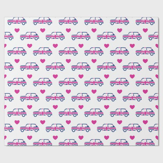 British Mini Cooper Hearts - Blue & Pink Cadeaupapier (Vlak)